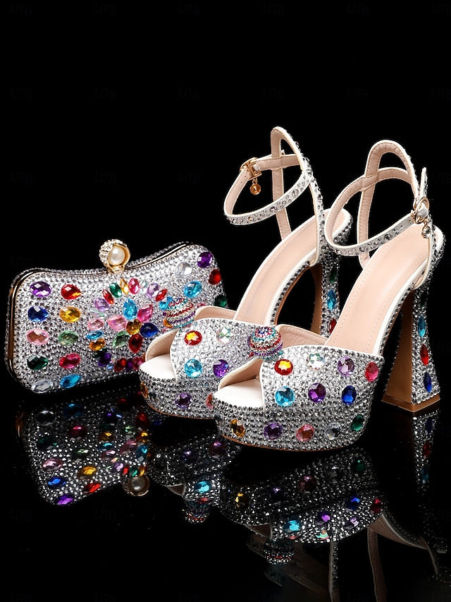 Heel Women's High with Rhinestone Platform Matching Sandals
