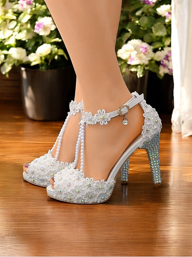 Sandals - Lace Pearl-Decorated Bridal T-Strap White Floral