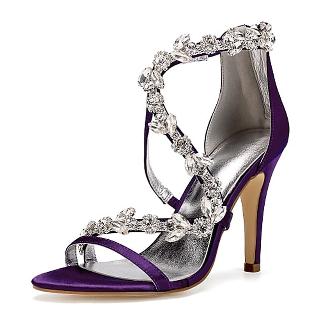 Floral Pink Sandals with High Heel Rhinestone Women's Satin