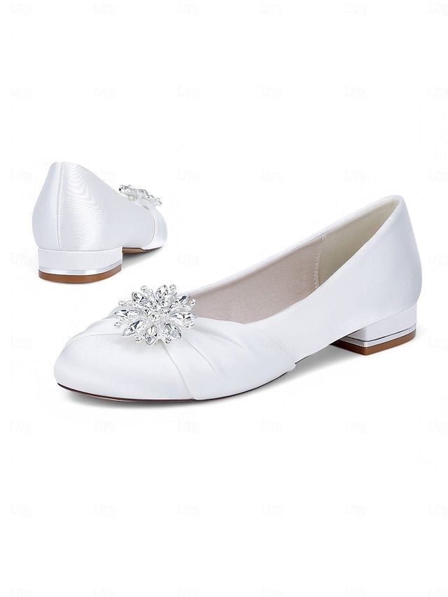 Elegant Crystal Flats White Satin – Wedding Women's