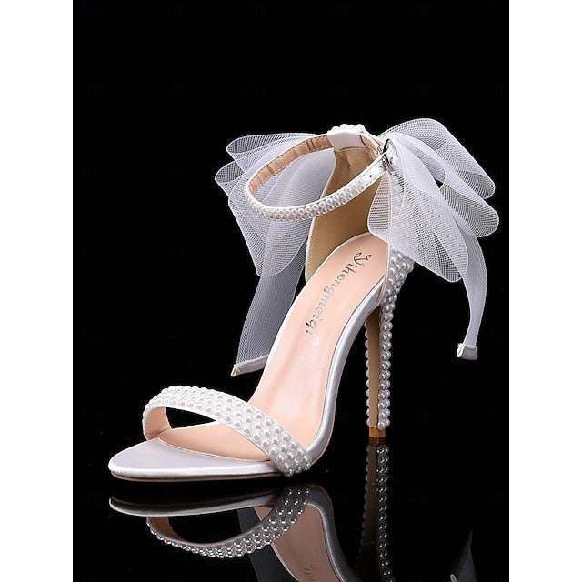 White Wedding Women's and Bow Heels with Embellished Pearl