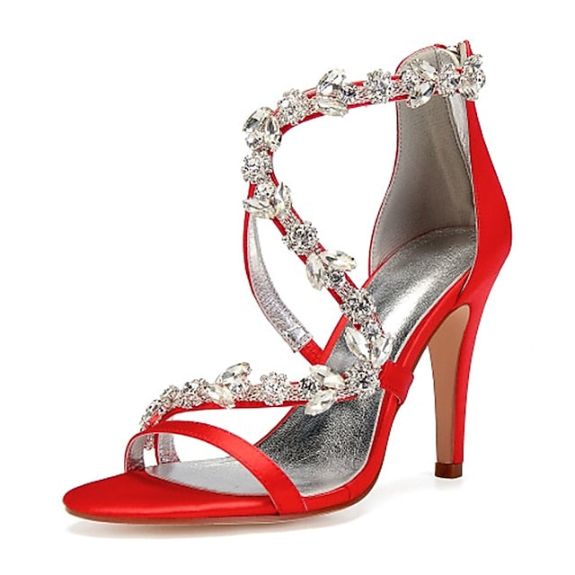 Floral Pink Sandals with High Heel Rhinestone Women's Satin
