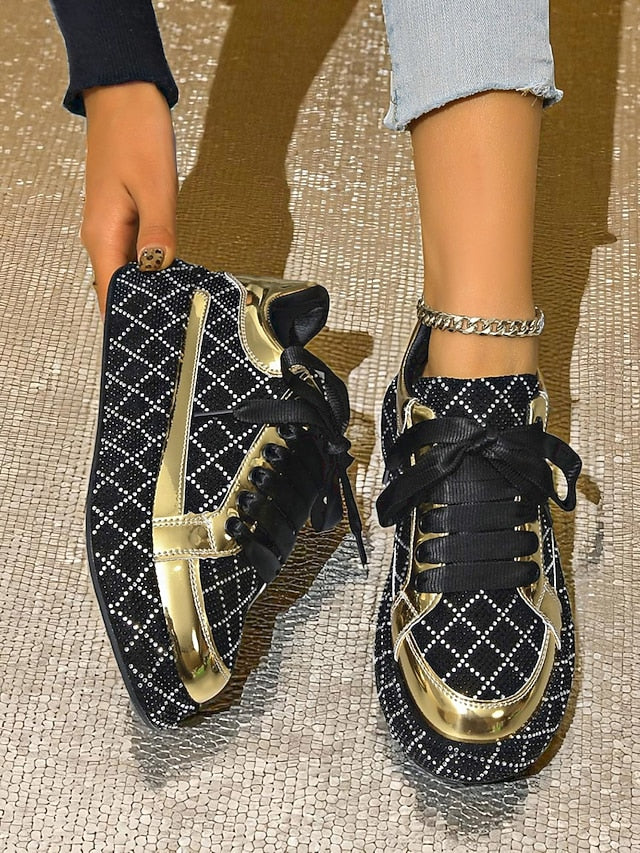 Quilted and Rhinestone Black Sneakers - Women's Silver