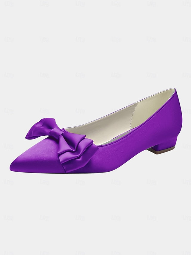 Satin Toe Pointed Green Bow Elegant - Women's Flats