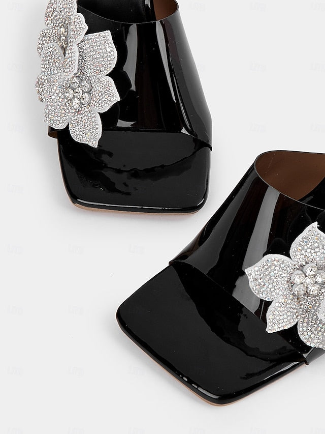 Leather Rhinestone Mules Women's with Flower Patent Black