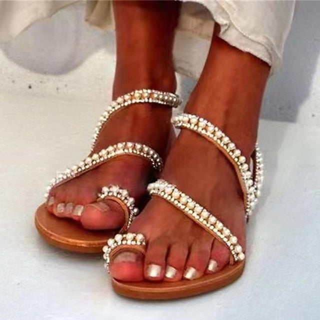 – Strappy Women's Sandals Flat Pearl-Embellished Elegant