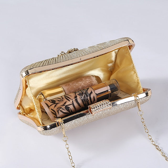 Women's Gold Rhinestone Clutch with Bag Strap Chain Elegant
