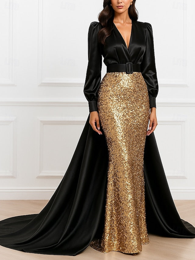 Black Gown A-Line Elegant Dress Formal Gold Wedding Evening
