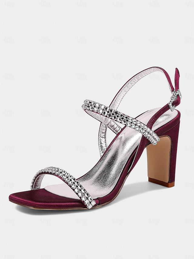 Sandals Prom White Block Rhinestone Women's Bridal – Heel