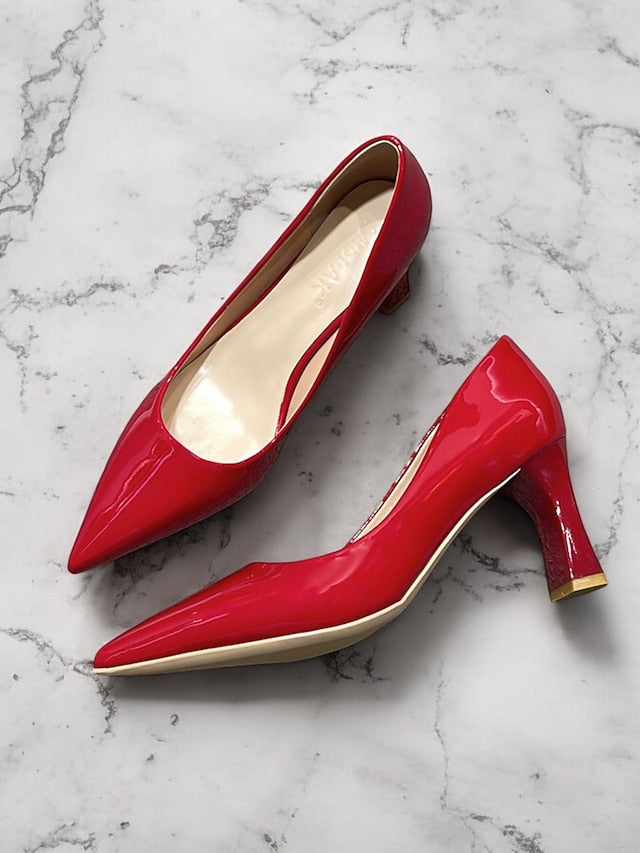 Pumps Patent Faux Pointed-Toe Heel Glossy Leather Green Block