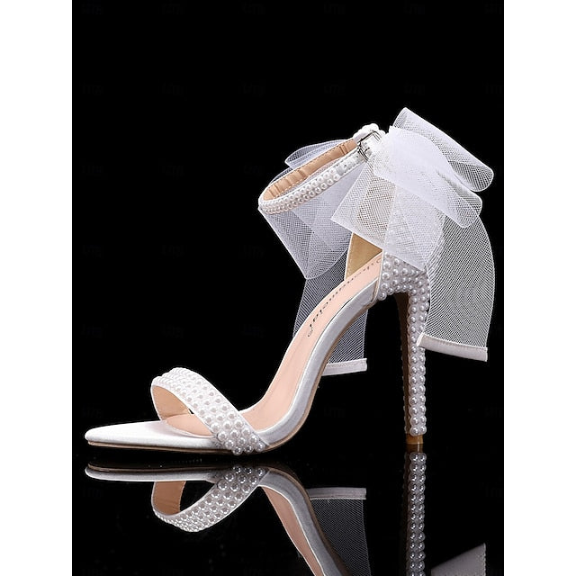 White Wedding Women's and Bow Heels with Embellished Pearl