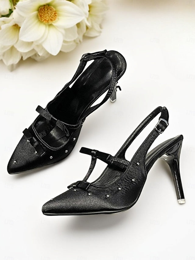 Heels Women's Purple and with T-Strap – Bows Satin Studs