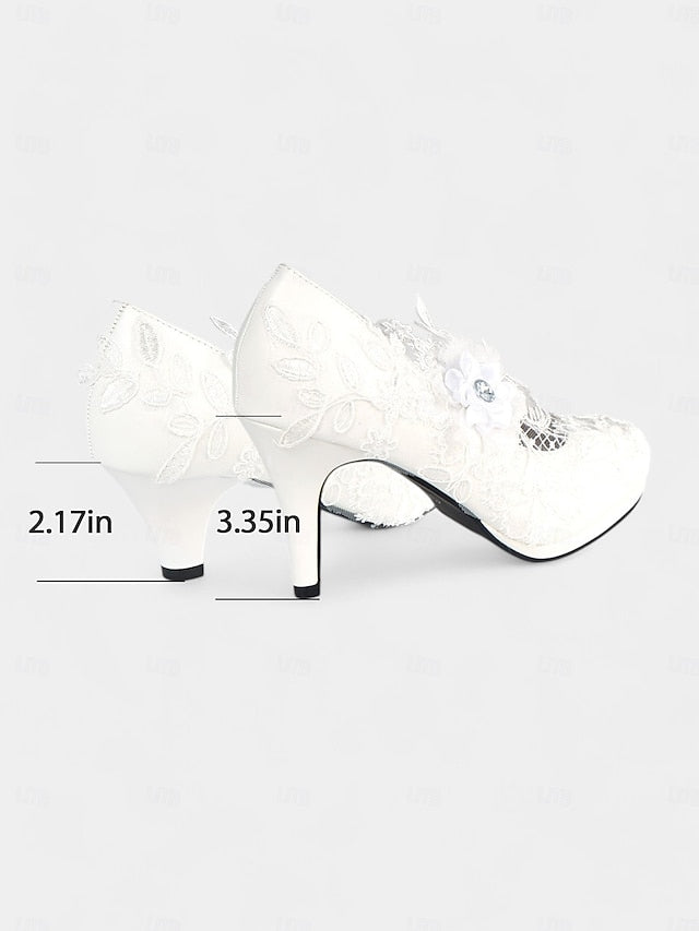 – White Floral Embellishments Lace with High Heel Bridal Shoes