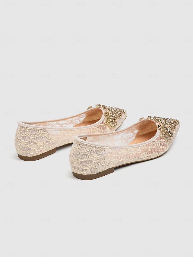 Lace Beige Flats Elegant Ballet with Women's Ornate