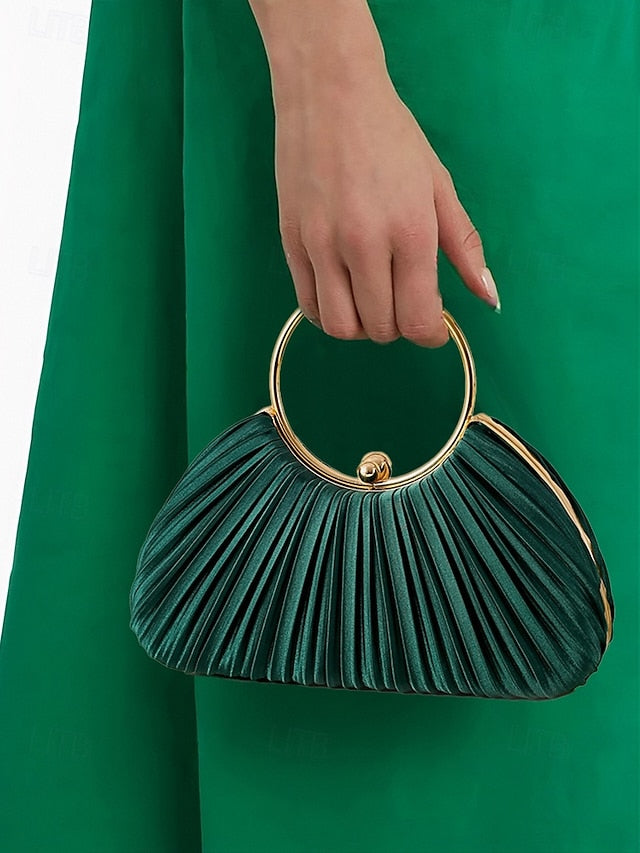 with - Elegant Handle Clutch Ring Green Gold Pleated Velvet