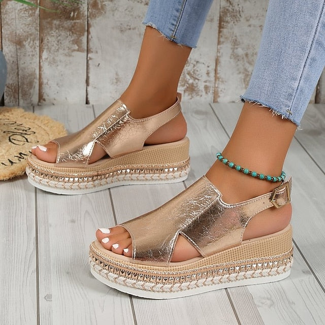 Espadrille Platform Leather Gold Metallic Women's Faux