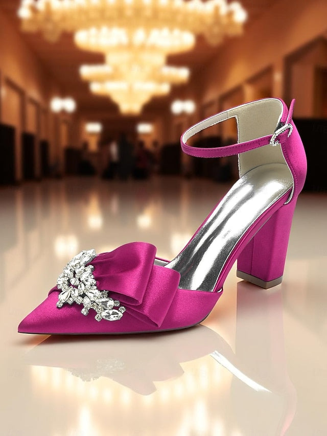 Heel Women's Block Bow Satin Pumps and with Crystal