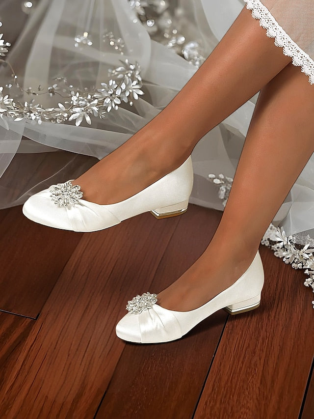 Elegant Crystal Flats White Satin – Wedding Women's