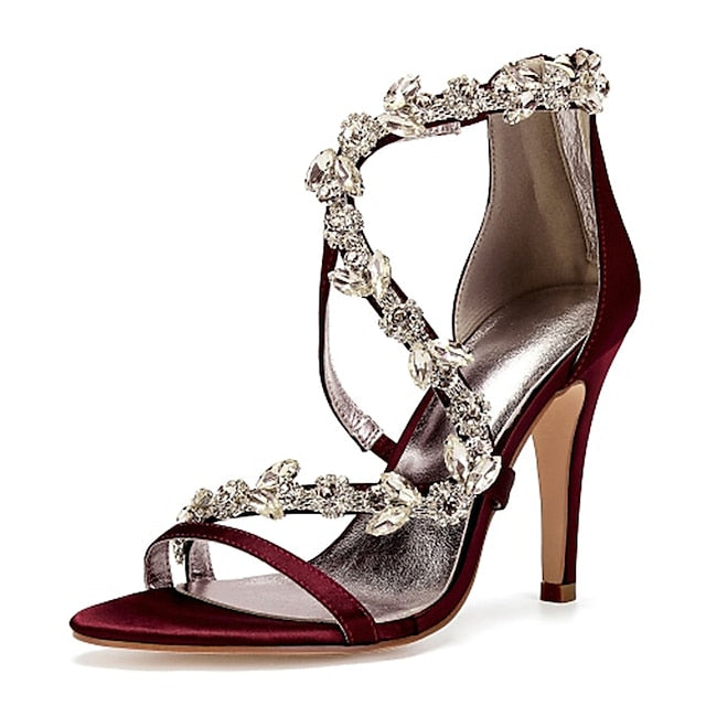Floral Pink Sandals with High Heel Rhinestone Women's Satin
