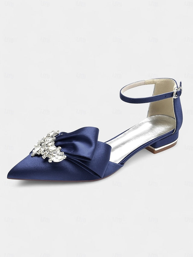 Bow with Pointed-Toe Rhinestone Ankle White Heels Satin and