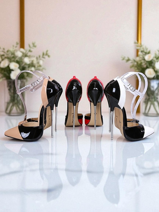 Black and Stiletto Red Pointed Women's Toe Patent Leather