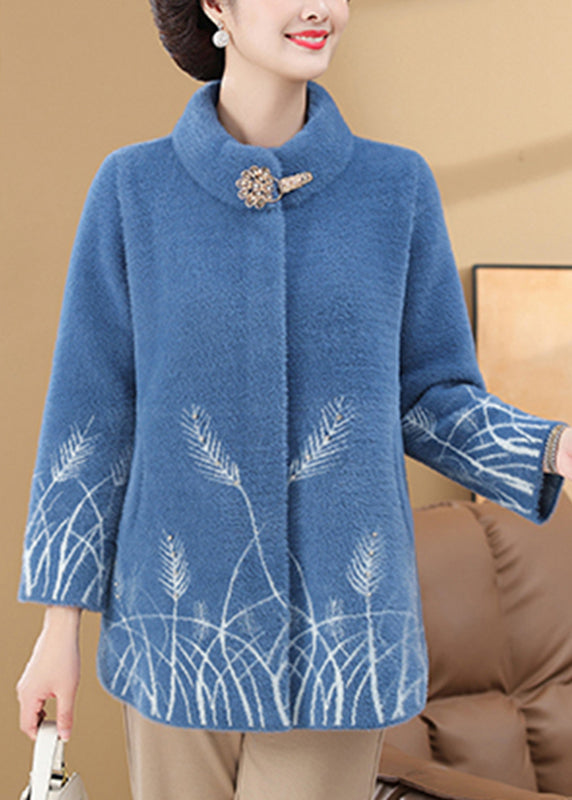 Manteau en velours de vison à poches imprimées bleues pour femmes, printemps TA035