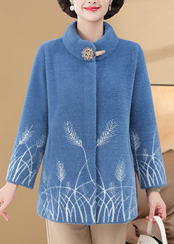 Manteau en velours de vison à poches imprimées bleues pour femmes, printemps TA035