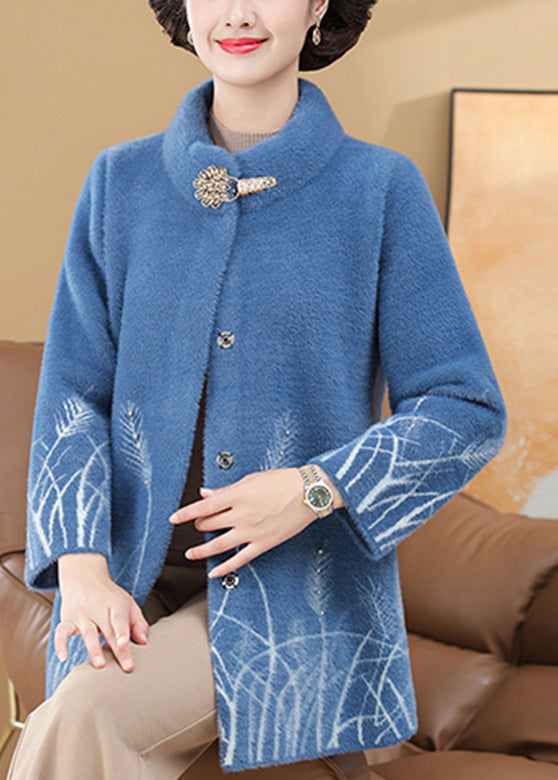 Manteau en velours de vison à poches imprimées bleues pour femmes, printemps TA035