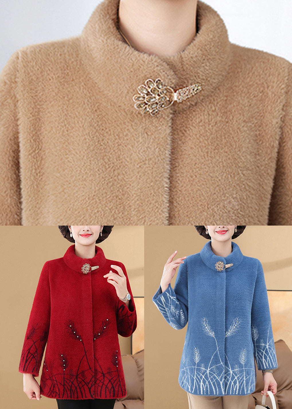 Manteau en velours de vison à poches imprimées bleues pour femmes, printemps TA035