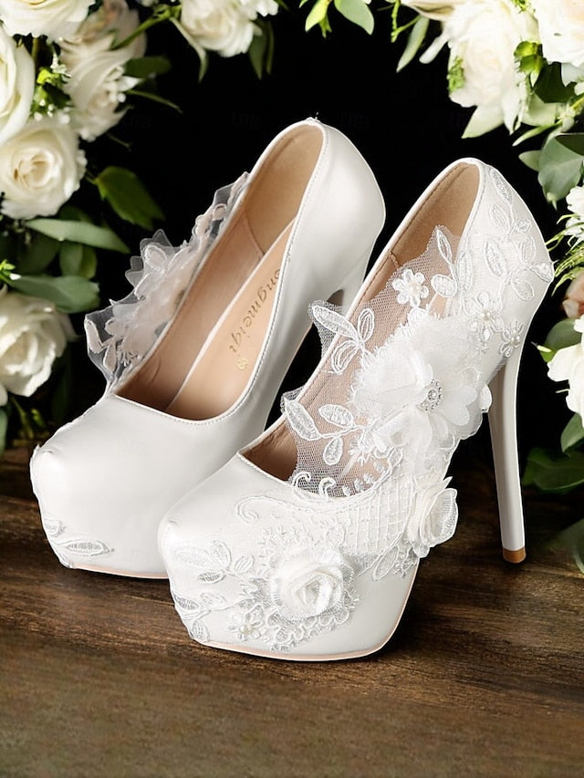 Wedding Shoes White Lace Embellishments with Floral