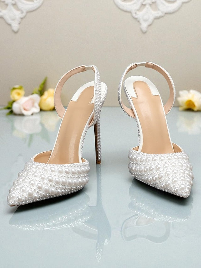 Heels - Slingback Leather White Women's Pearl-Embellished