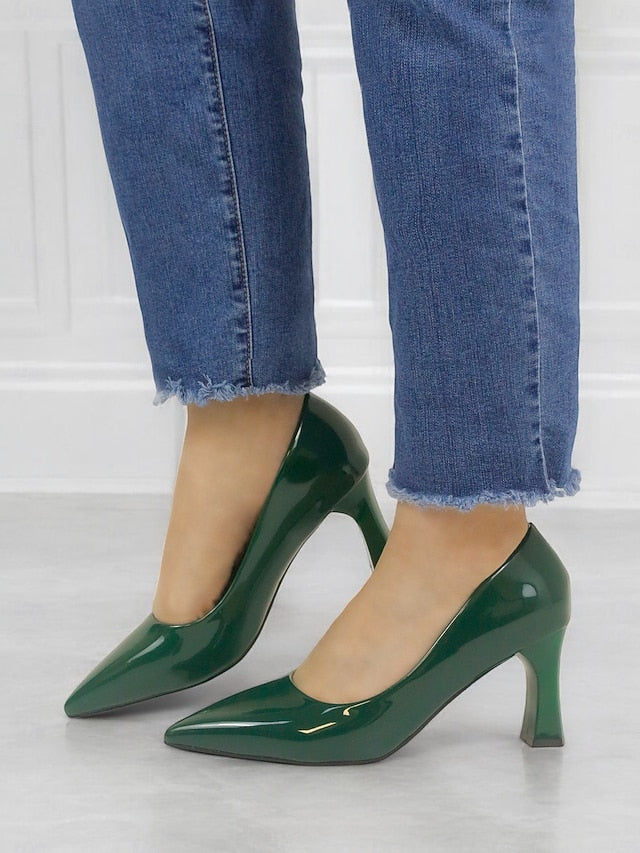 Pumps Patent Faux Pointed-Toe Heel Glossy Leather Green Block