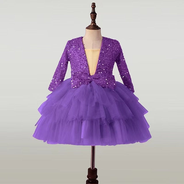 Kids Sleeve Party Dress Long Performance Sequin Girls'