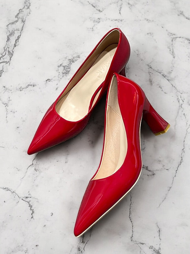 Pumps Patent Faux Pointed-Toe Heel Glossy Leather Green Block