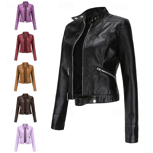 Faux Comfortable Pocket Women's Leather Jacket Zipper
