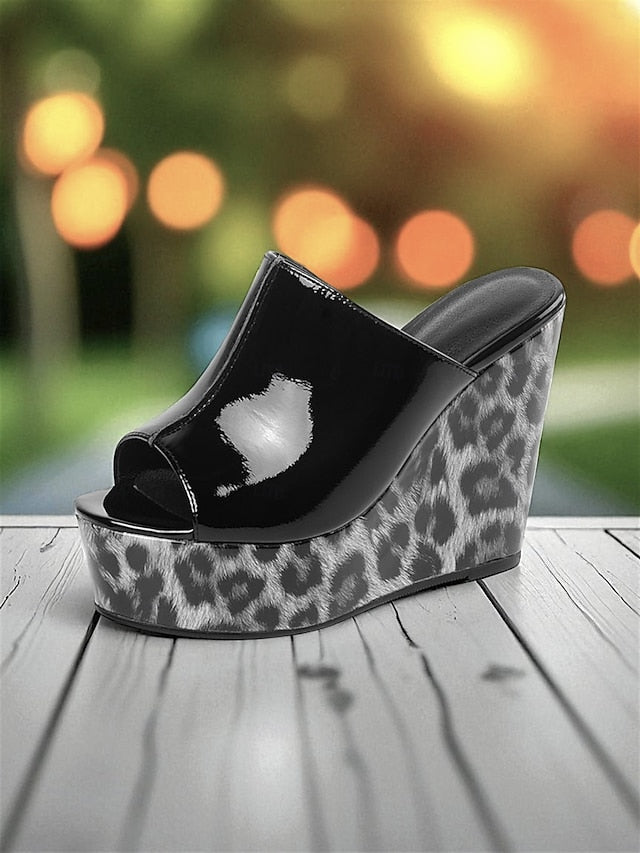 Toe Patent Women's Wedge Leather Red - Leopard Peep Sandals