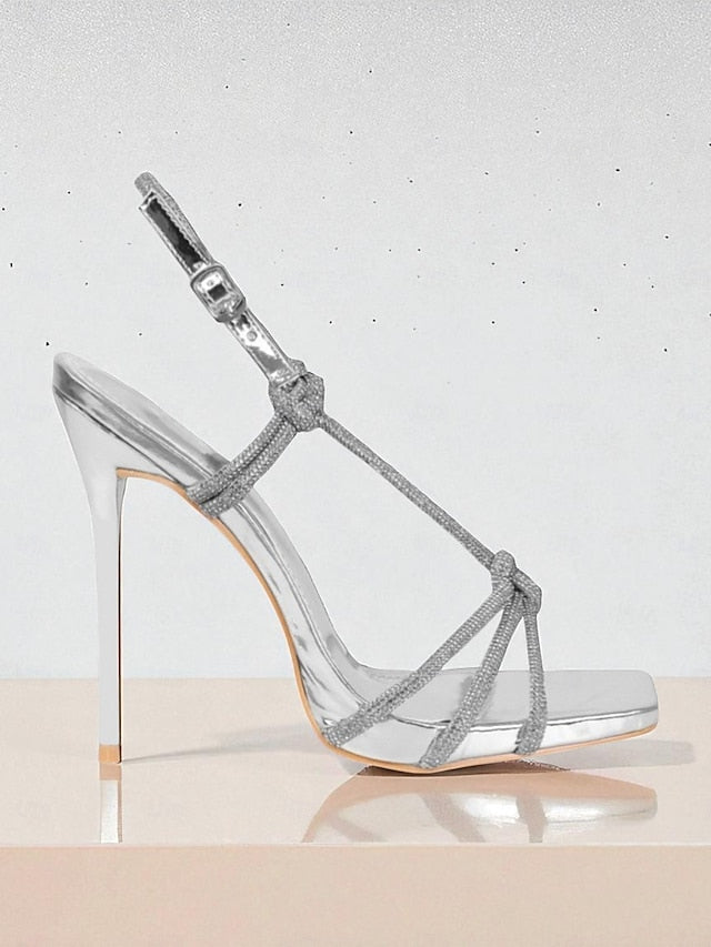 with Toe Women's Square Rhinestone Strappy Heels Stiletto