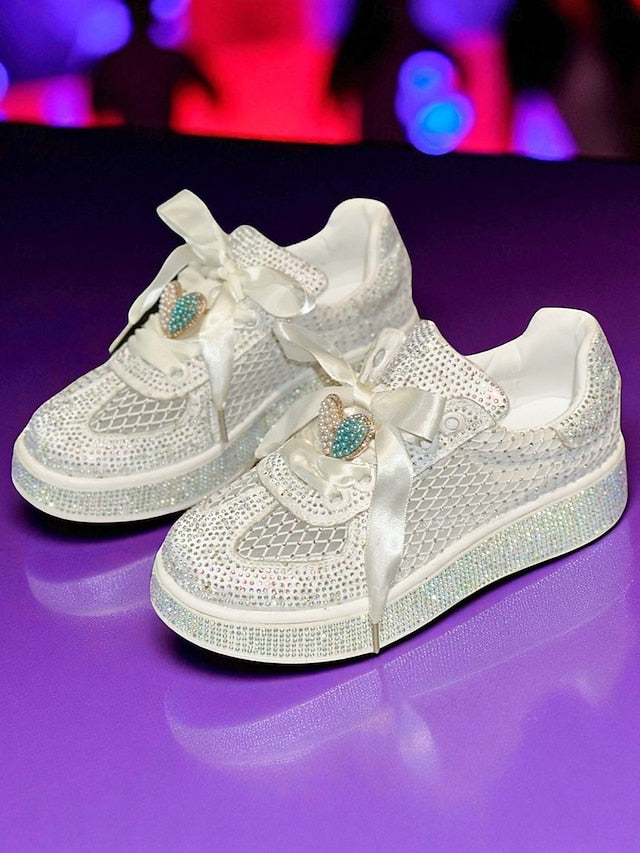 Rhinestone Sneakers with Women's Ribbon White Satin Laces