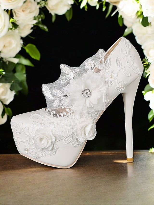 Wedding Shoes White Lace Embellishments with Floral