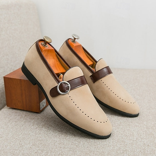 Men's Suede Brown Slip-On with Buckle Faux Strap Loafers