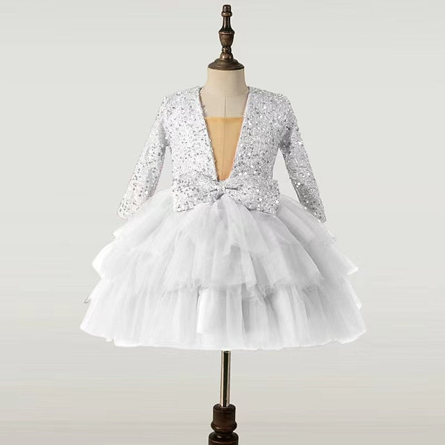 Kids Sleeve Party Dress Long Performance Sequin Girls'