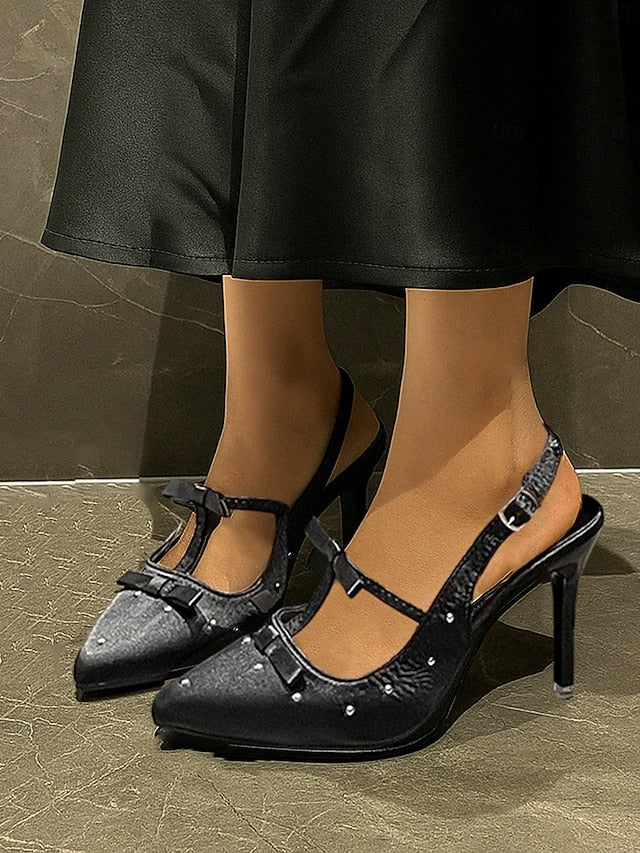 Heels Women's Purple and with T-Strap – Bows Satin Studs