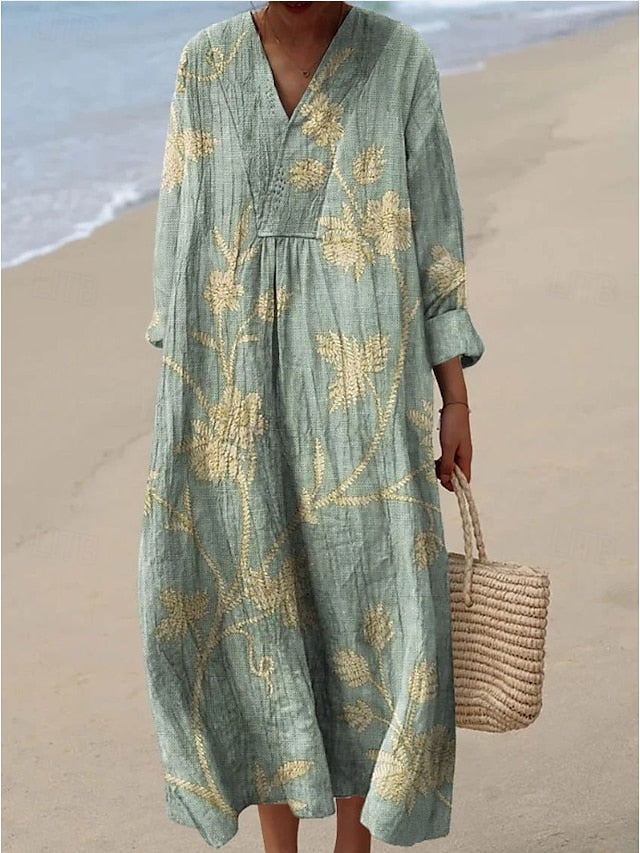 Women's Midi Dress V Neck Long Sleeve Kaftan Lightweight