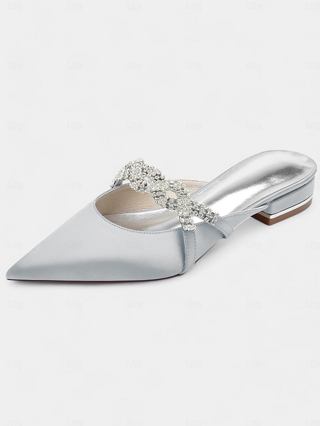 with Pointed-Toe Blue Detailing Mule Rhinestone - Satin Heels