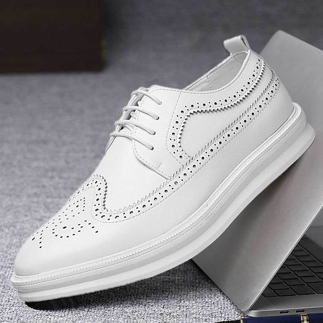 Brogue Stylish Derby Men's Shoes White Lace-Up - Leather
