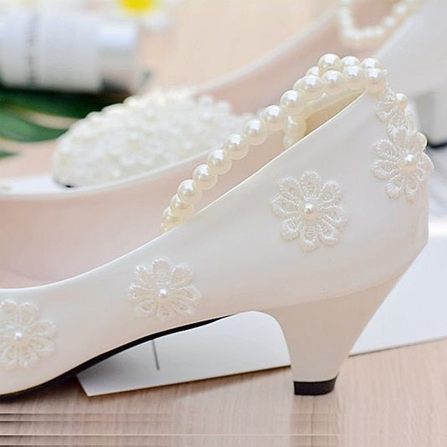 White Heels – Decorated Women's Wedding Lace Floral Pearl