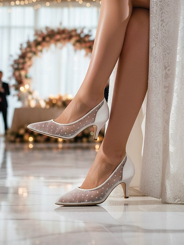 Wedding and Women's Shoes Mesh White Polka with Dot Low