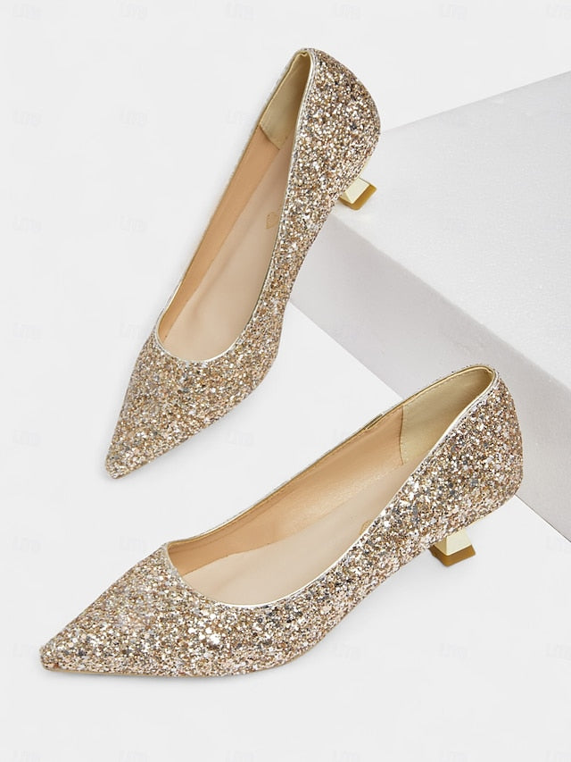 Glitter Pointed Pumps Low Women's - Sparkly Toe Heel