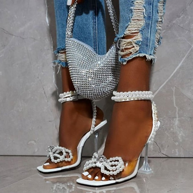 Women's High Clear Pearl-Embellished Sandals – Heel