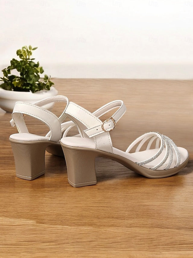 Black Rhinestones with Sandals Block Strappy Comfortable - Heel